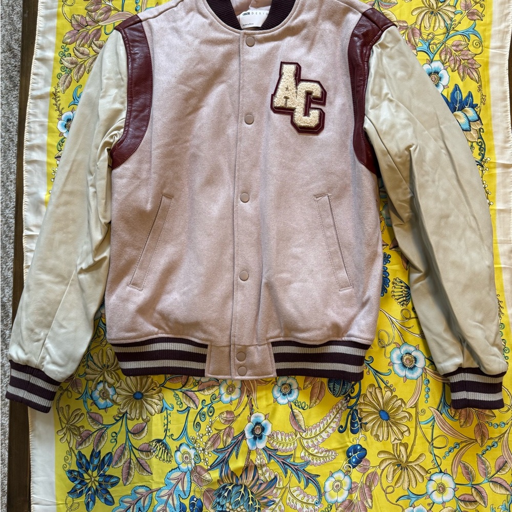 ASOS Letterman-Style Varsity Jacket in Cream & Maroon